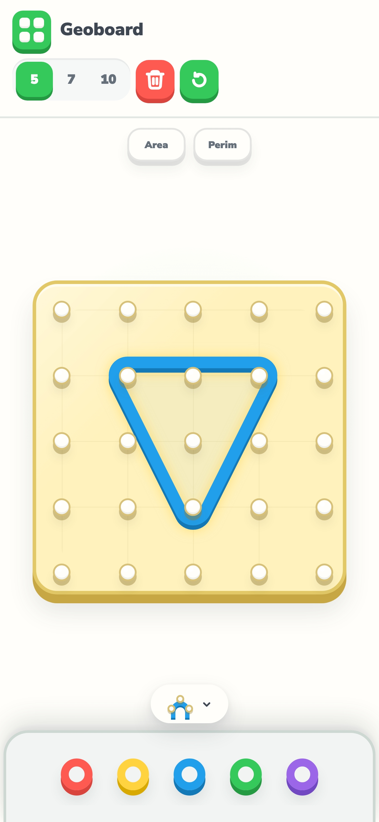 Geoboard with a blue triangular rubber band stretched around three pegs.
