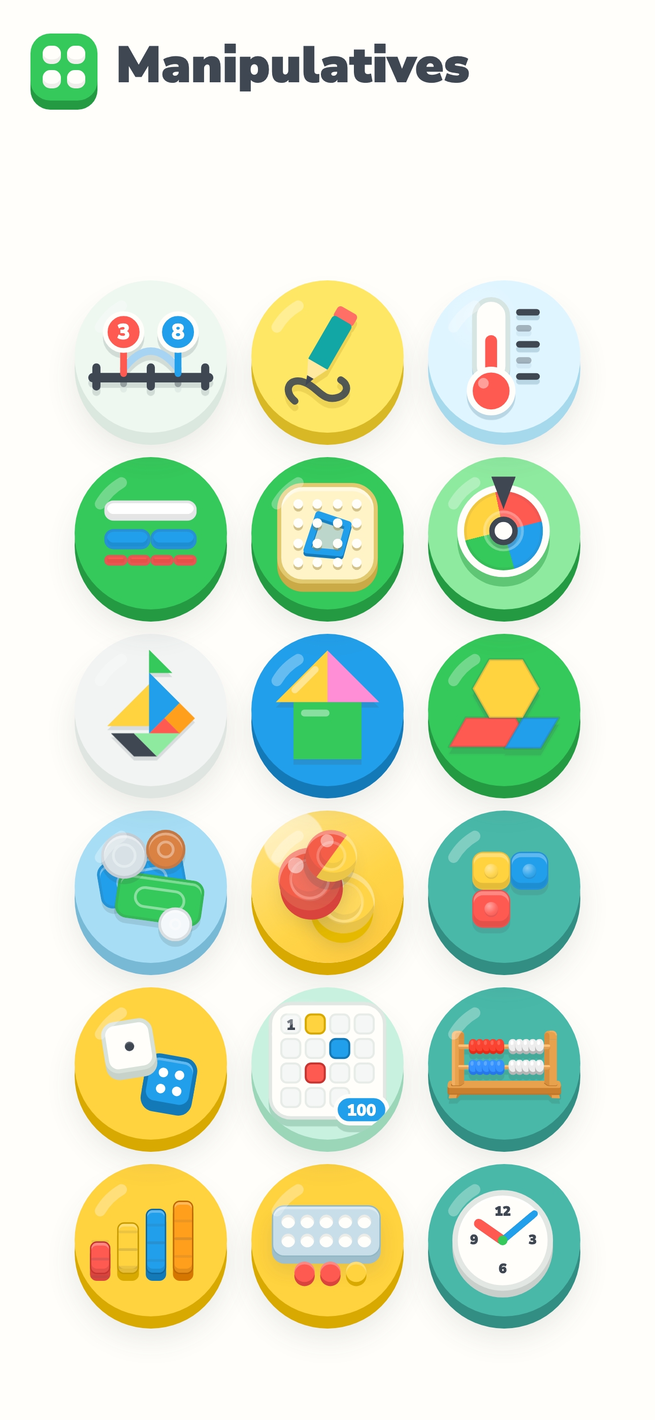 Manipulatives app library with colorful icons for eighteen teaching tools.